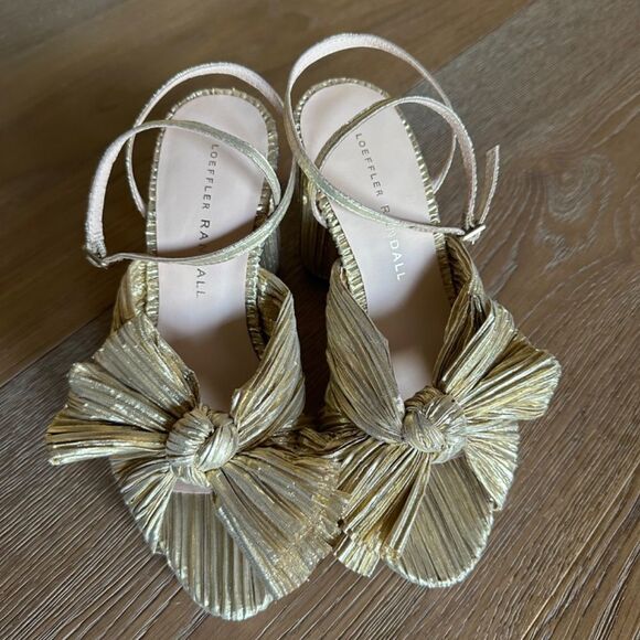 LOEFFLER RANDALL Camellia Gold Pleated Bow Heel With Ankle Strap - Picture 3 of 9